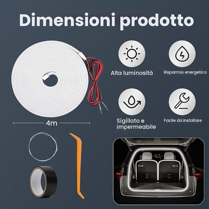 Striscia di luce del bagagliaio per auto, 4m Striscia Luminosa per Bagagliaio tagliabile flessibile,led bagagliaios auto,striscias LED per autos Trunk con Sensore Automatico,per autos,SUV,bianco