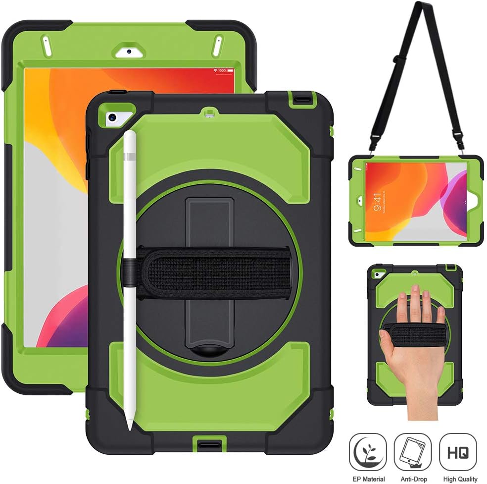 iPad Mini 5 Case, iPad Mini 4 Case SUPFIVES Full-Body Shockproof Case with 360 Rotating Stand+Pencil Holder+Shoulder Strap+Hand Strap for iPad Mini 4/ 5 (Green+Black)