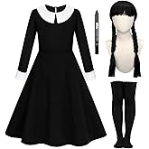 Clovilet 4 Pcs Halloween Girls Costume Include Black Dress,Wig and Socks for Halloween Movie Character Dress Up