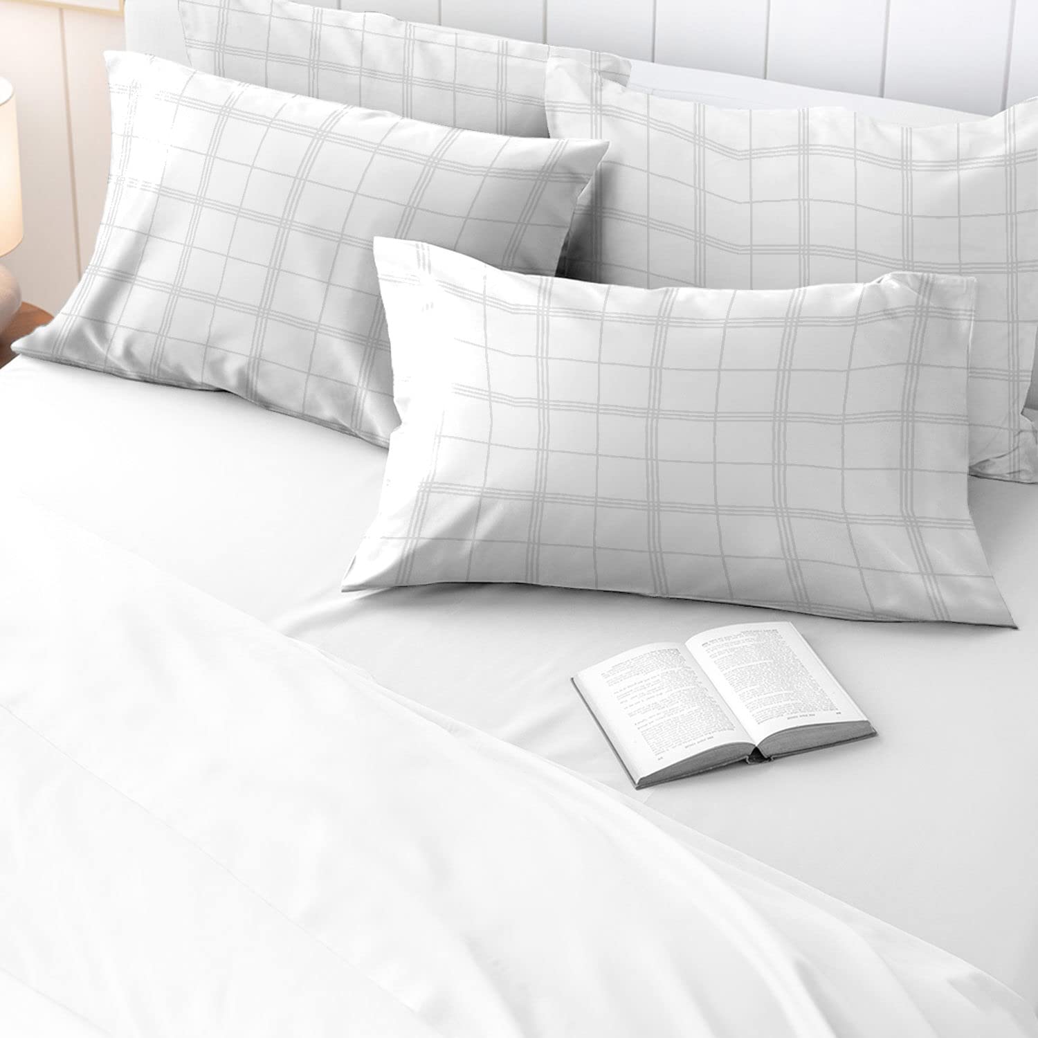 Pizuna 100% Cotton White Big Checks Housewife Pillowcases 2 Pack, 300 Thread Count Long Staple Combed Cotton Checked Bedding, Sateen Damask Bedding Pillow Case 48x74 (White Pillow Cases 2 Pack) - — image 1