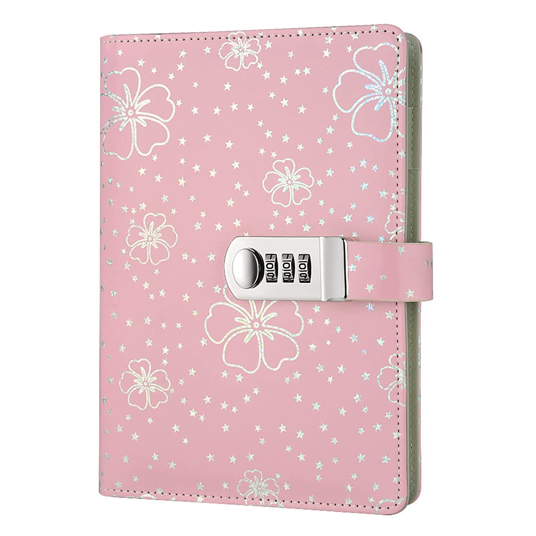 NectaRoy PU Leather Password Notebook Writing Journal Diary with Combination Lock, Flower and Star Pattern, Wire Binding Lined Notepad Personal Sketchbook with Pen Holder, 210x145mm