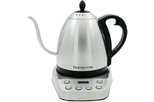Bonavita Gooseneck Electric Kettle, Stainless Steel Water Boiler, Digital Variable Temp, Precise Pour Control, 6 Preset Temps for Pour-Over Coffee & Tea, Café, Home, 1 Liter, Stainless Steel Base