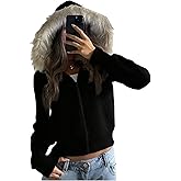 GORGLITTER Women's Fur Hoodie Zip Up Crop Jacket Fuzzy Long Sleeve Trendy Open Front Hooded Sweatshirts Fall Outfits