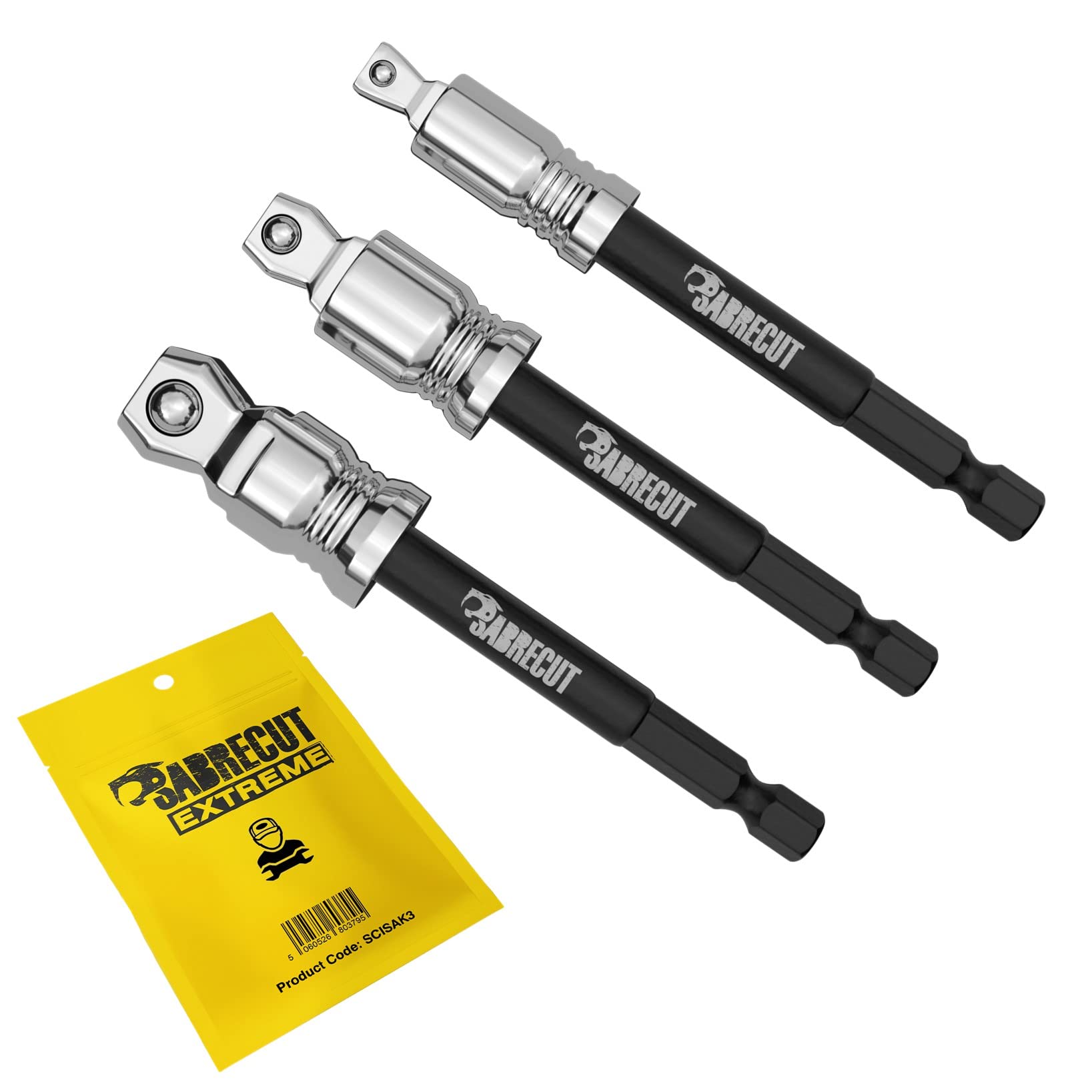 3 x SabreCut SCISAK3 95mm 15 Degree Tilt Socket Adapters 1/4 inch HEX to 1/4 inch 3/8 inch 1/2 inch Square Drive for Impact Drivers Wrenches and Ratchets