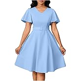 winkbay Women's Elegant Ruffle Sleeve Dress Summer V Neck Belted A Line Flowy Work Office Dresses