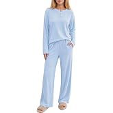 Ekouaer Womens Pajama sets Long Sleeve Cozy 2 Piece Matching Lounge Set | Comfy non-itchy ribbed knit pjs, henley neck drop shoulder loose fit, elastic waist pants with pockets, fall pjs, great gift