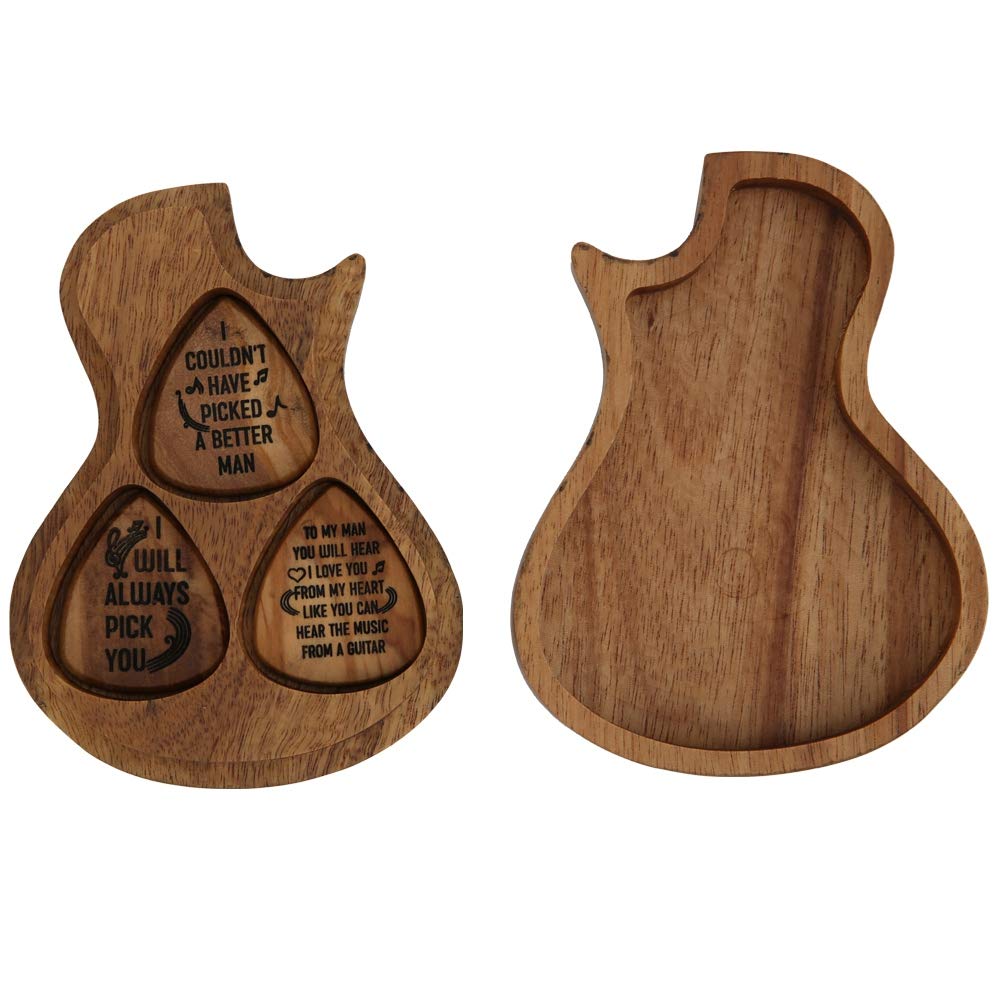Hapivida Wooden Guitar Pick Box Holder, Elegant Storage Case with 3 Plectrums for Electric Acoustic Bass Ukulele, Stylish Plectrum Organiser for Musicians Home Studio Stage, Natural Wood Finish Gift