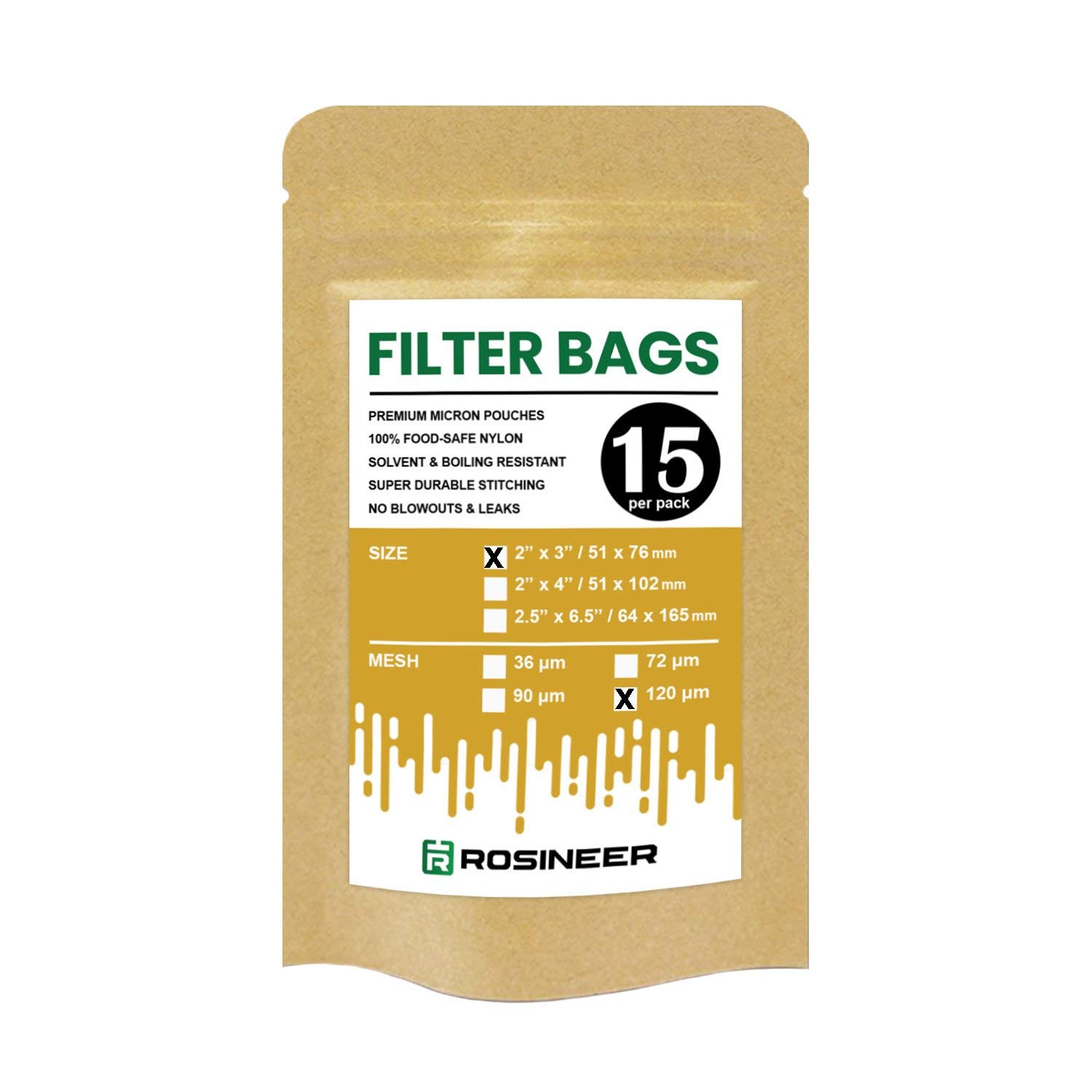 Rosineer Premium Nylon Filter Bags, 2" x 3", 15 PCS, 120 Micron Mesh Size, Double Stitching, Zero Blowouts
