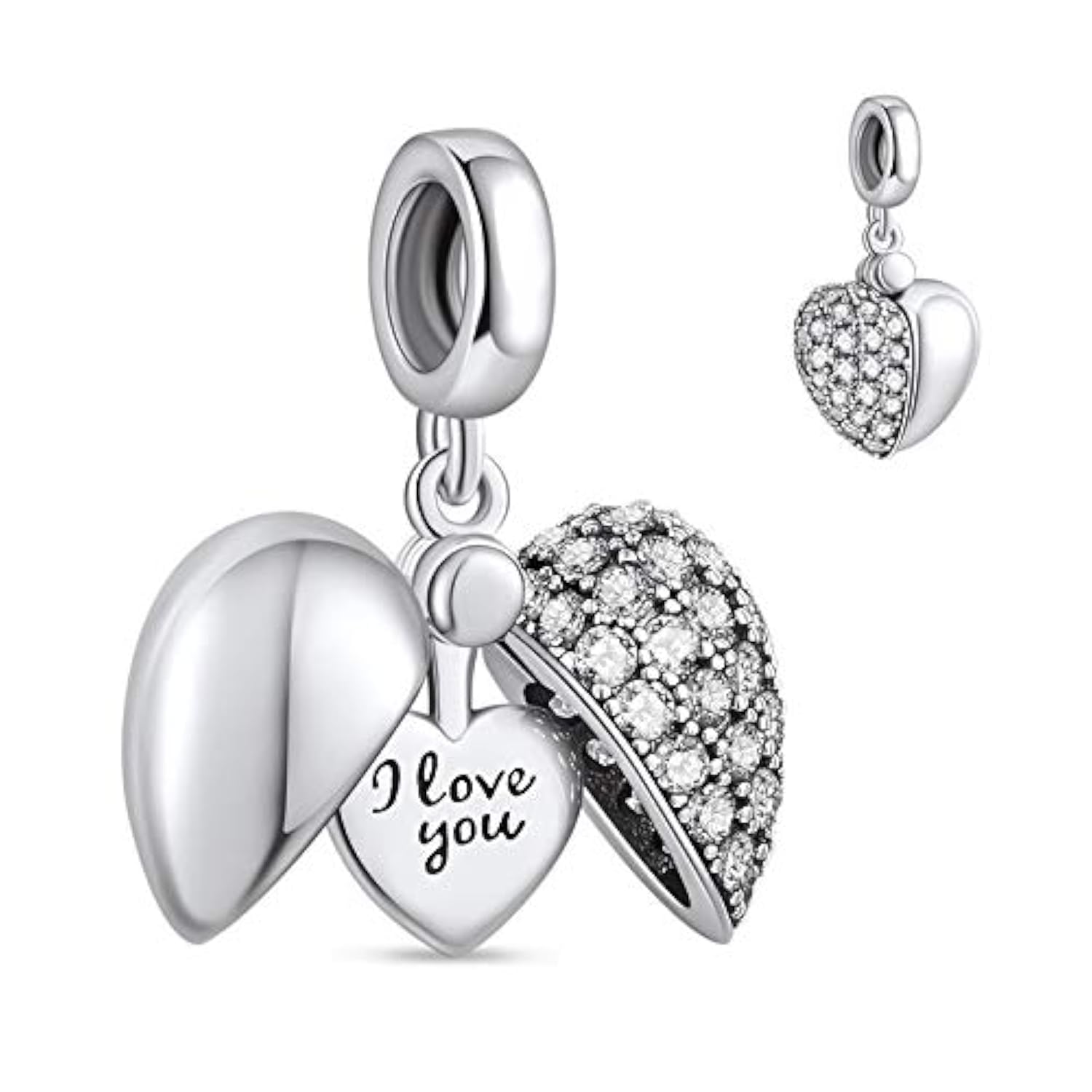 NINGAN “I Love You” Heart Pendant Charm 925 Sterling Silver Dangle Charms Compatible With European Bracelets & Necklaces