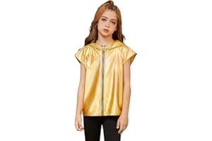Jxstar Girls Metallic Hoodie Vest Kids Shiny Zip Up Outfit Sleeveless Disco Shirt with Pocket