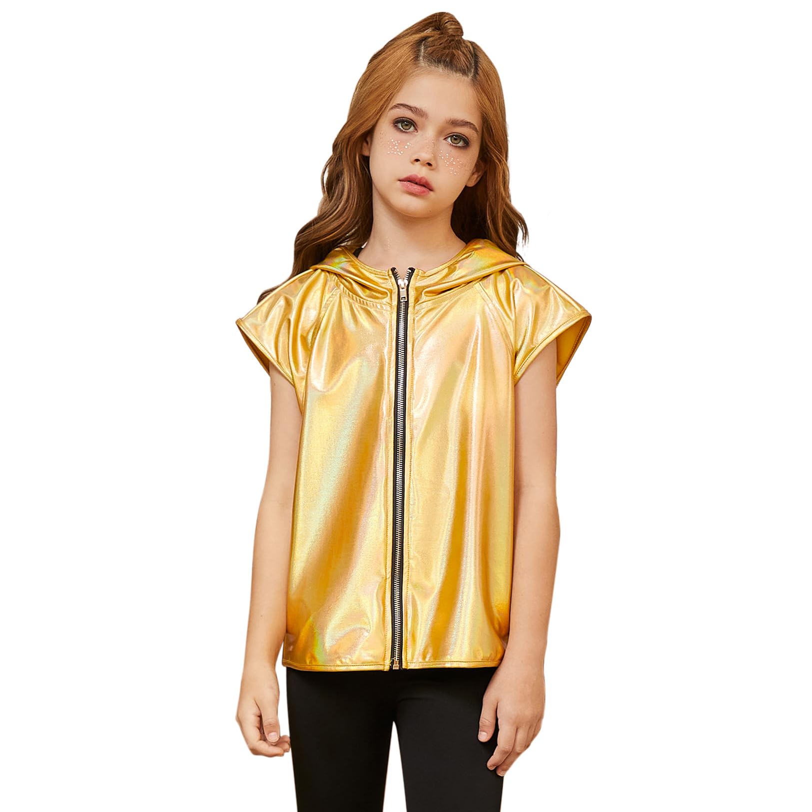 Photo 1 of Jxstar Boys Girls Metallic Hoodie Vest Kids Shiny Zip Up Outfit Sleeveless Disco Shirt with Pocket, 12-13Y
