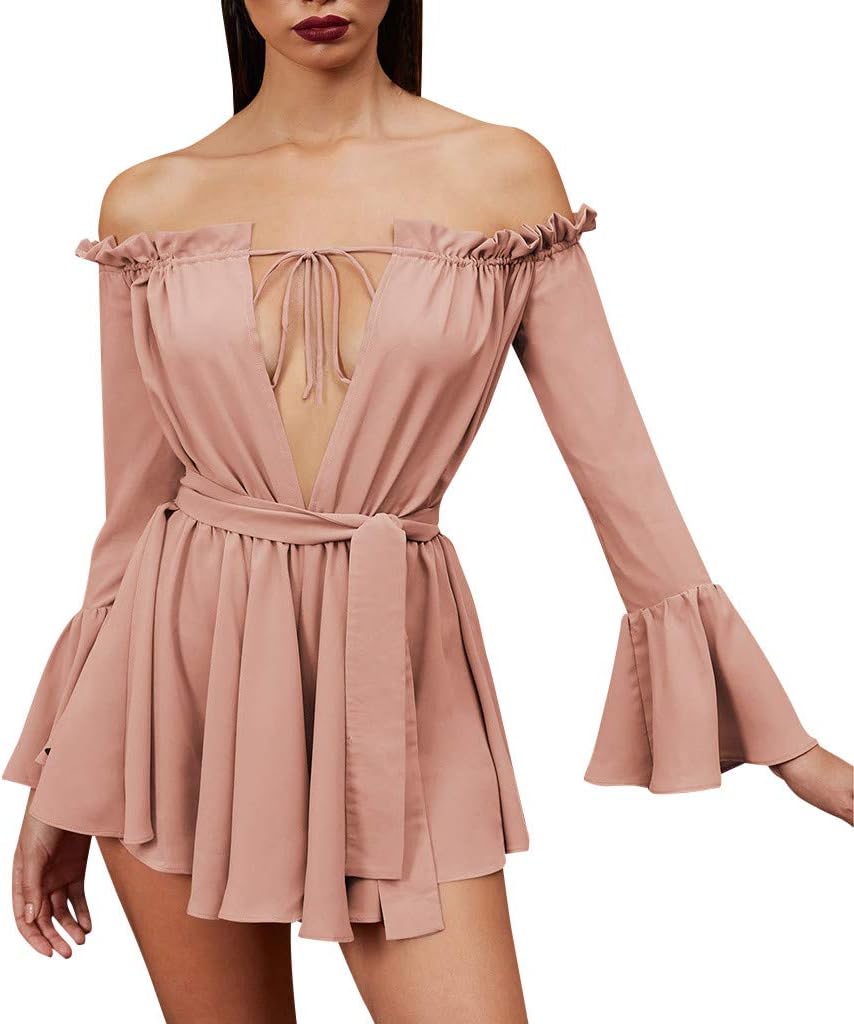 Oufenli Womens Solid Color Dress Off Shoulder Long Sleeve Bow Mini Party Dress