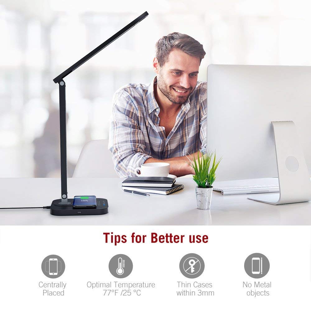 LED Desk Lamp with 10W Fast Qi Wireless Charger, Compatible with i-Phone Samsung Galaxy Phones and Note/pad, 3 Color Modes Dimmable Reading Table Lamp, Touch Control with USB Charging Port