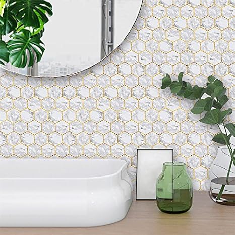 Amazon Yanqiao ウォールステッカー シンプル 欧米風 幾何図 白い大理石 六角形 インテリア タイル ステッカー 壁紙 かわいい オシャレ ウォールステッカー オンライン通販