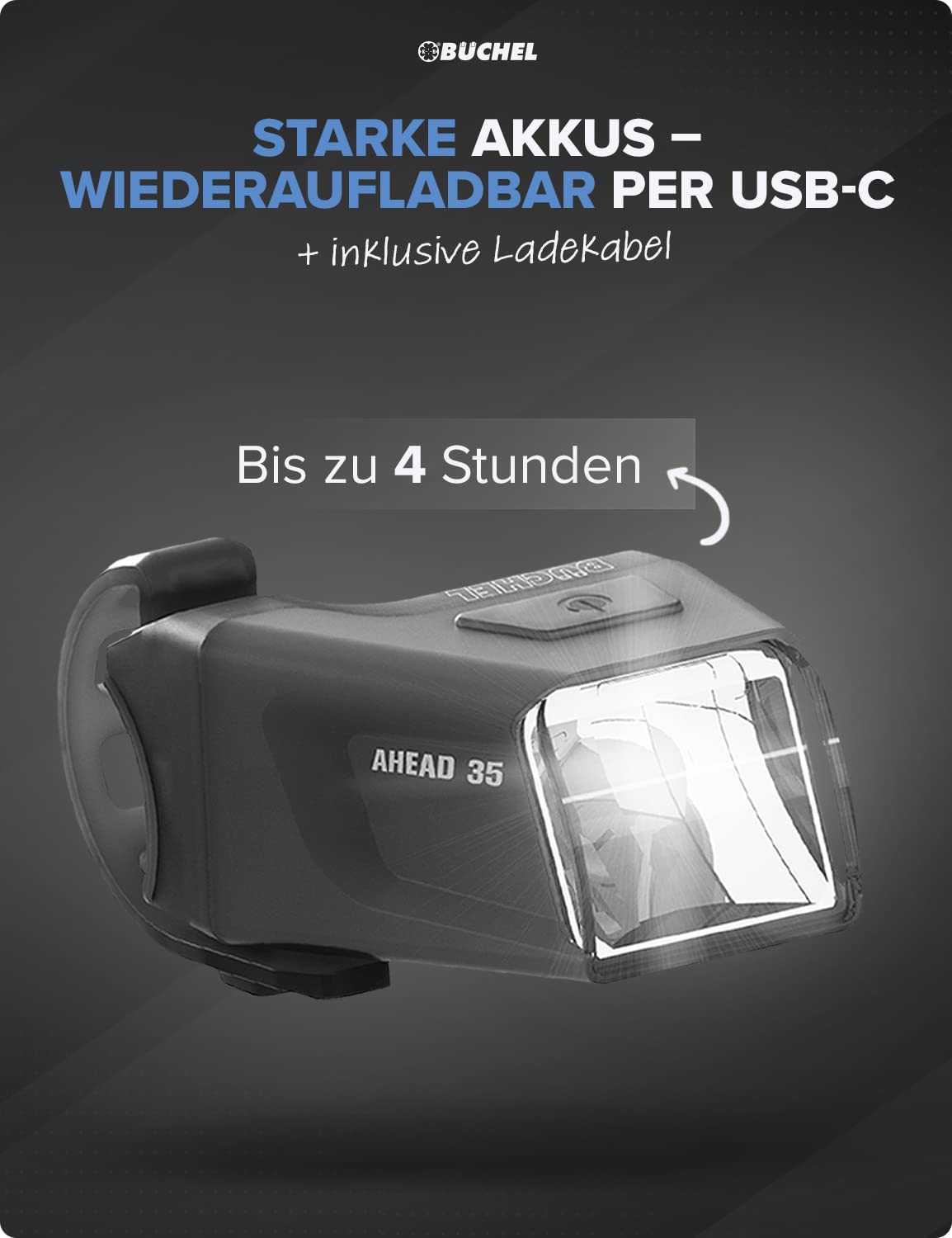 Büchel Ahead Frontlicht I 35/15 Lux Design genau mittig am Lenker StVZO zugelassen und Regenfest LED Fahrradbeleuchtung Fahrradlampe Vorne, Fahrrad Licht, Front, Schwarz 5