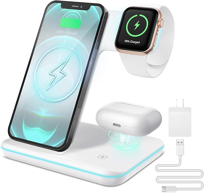Liwin Wireless Charger, 3 in 1 Qi-Certified 15W Fast Charging Station Compatible with All Apple Watch, AirPods Pro 2, iPhone 12/11/11 Pro/8/X, Stand Compatible with Samsung S21 S10 S9 S8, White
