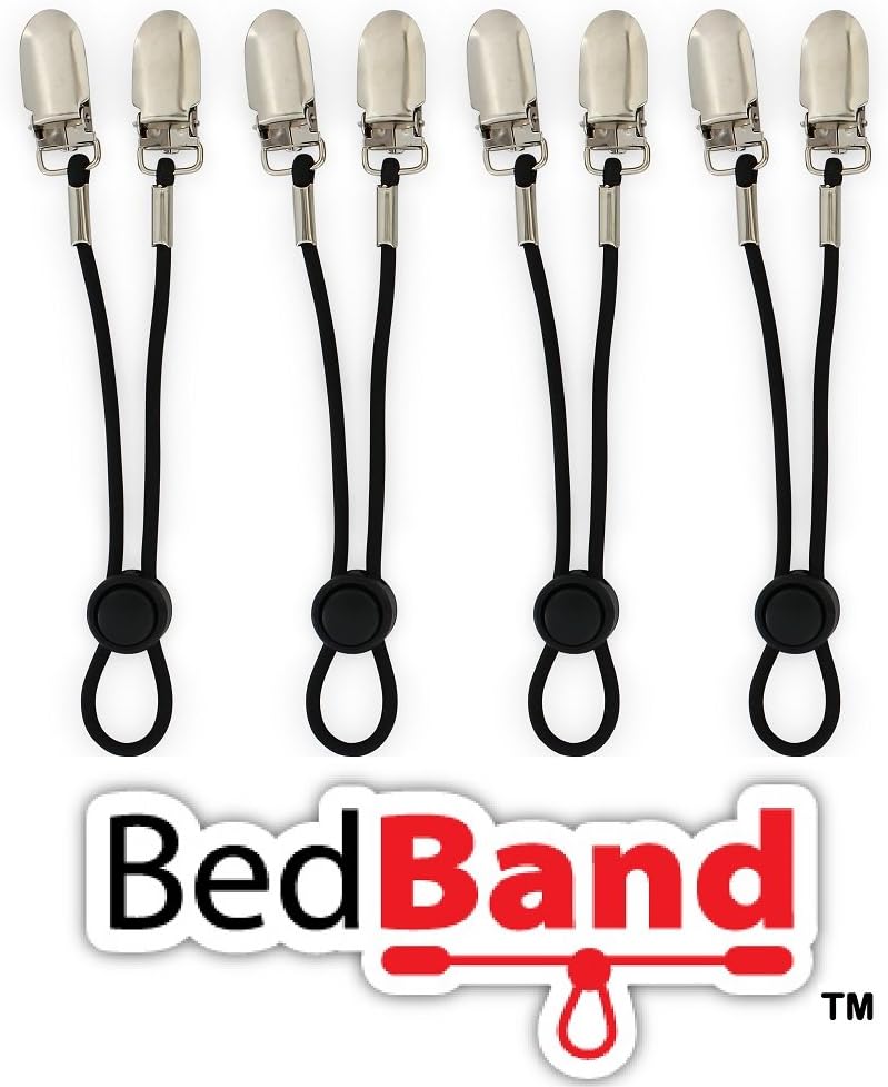 Bed Band Not Made in China. 100% USA Worker Assembled.. Bed Sheet Holder, Gripper, Suspender and Strap. Smooth any Sheets on any Bed. Sleep Better. Patented.,Black,1 Pack (4 Bands): Home & Kitchen