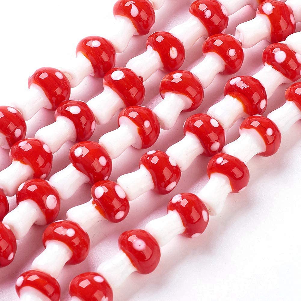 Beadthoven 25pcs Handmade Lampwork Glass Mushroom Spacer Loose Beads Charms 12x16mm for Bracelets Earring Jewelry Making Hole: 1.8mm