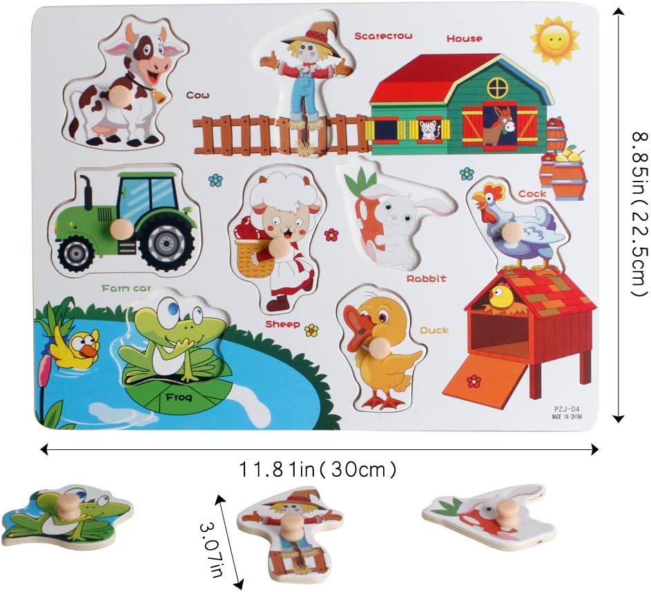 UMTOY 4PCS Wooden Puzzles for Toddlers Peg Puzzle Set, Children's Learning Puzzles with Alphabet and Animal Numbers Shape, Educational and Learning Preschool Puzzle Toys for Babies Boys and Girls: Toys & Games