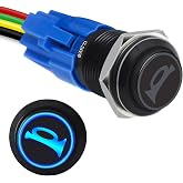 GEPHYNM Horn Button Switch 5/8" (16mm) SPDT 12V Blue LED | Push Button Horn Switch, Momentary 1NO 1NC, Black Stainless Steel Shell, Pre-wired Plug &amp; Play for Marine Boat Auto Train
