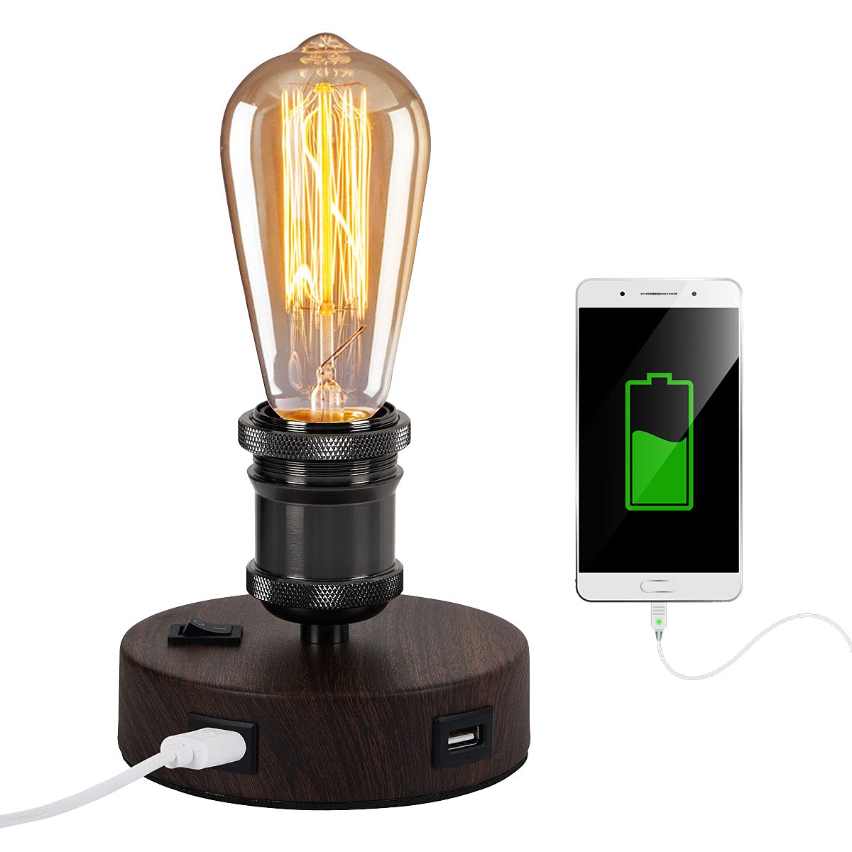 Jansi USB Bedside Table Lamp, Industrial Table Lamp with 2 USB Ports, Small Table lamp Vintage Desk Lamp for Bedroom, Office, Living Room (Without Bulb) (Brown)