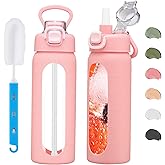 chunmo 20 oz Glass Water Bottle with Straw Reusable Water Bottle with Non-Slip Silicone Sleeve Wide Mouth Leak-Proof for Coffee, Tea and Water,BPA-free, Dishwasher Safe