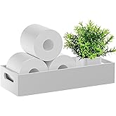 VITVITI Bamboo Toilet Paper Holder Storage, Bamboo Tray for Bathroom with Handle, Toilet Paper Tray Basket Tissue Holder Organizer Container for Back Toilet Tank, White