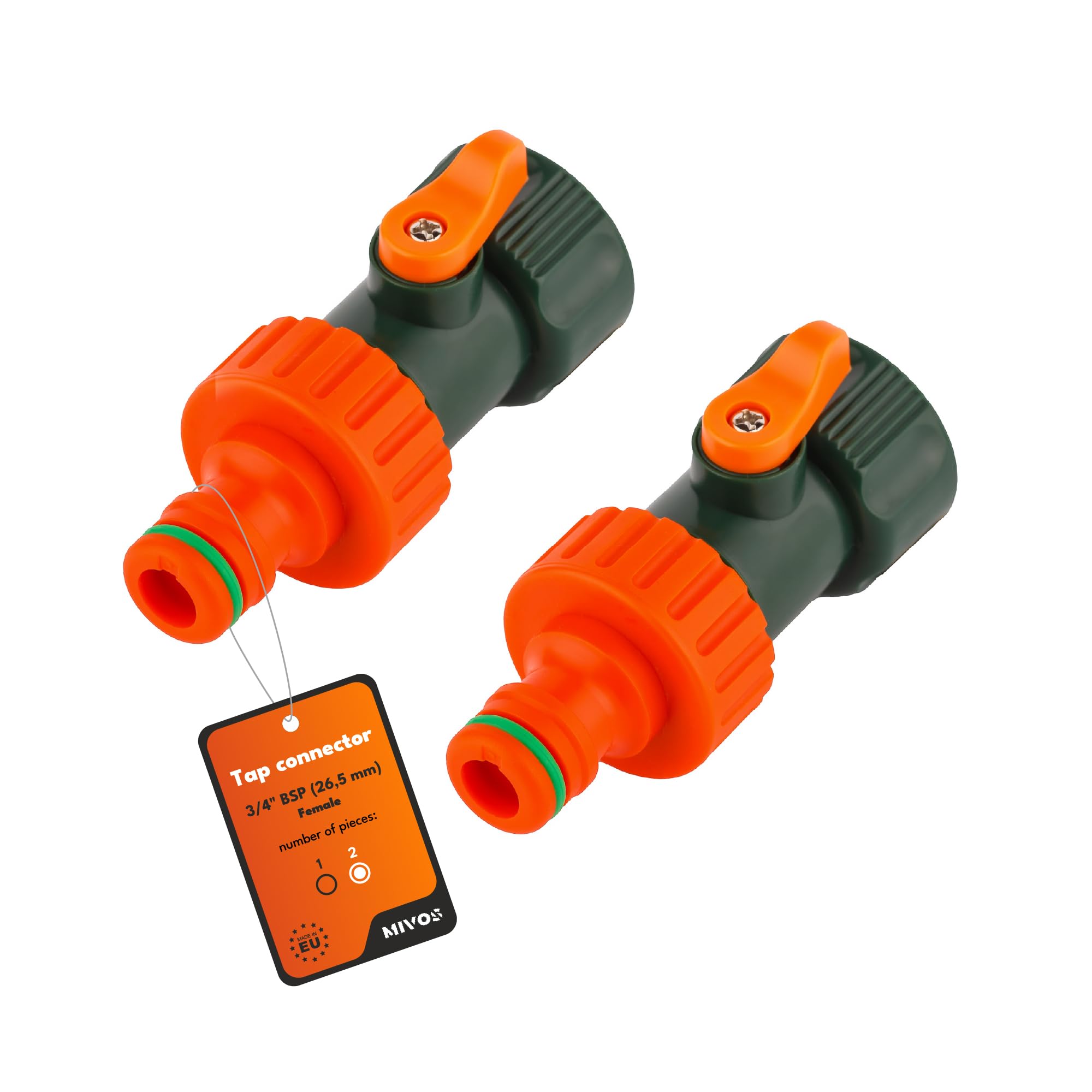 Mivos 2 x Tap Connector with Shut-off Valve for Tap with 3/4 Inch BSP (26.5 mm) Male Thread - Tap Adapter for Hoses - Garden Hose Tap Connection