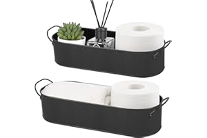 Mkono Metal Storage Basket for Toilet Tank Top Bathroom Decor, Galvanized Tray with Handle for Shelves, Farmhouse Toilet Paper Holder Organizing Bin Box for Countertop Living Room, Set of 2, Black