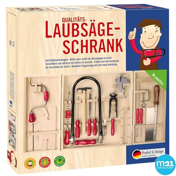 matches21 Großer Kinder Öko-Werkzeugschrank inkl. Laubsägebogen, Bohrmaschine, Stahl Kinderwerkzeugen + viel Zubehör