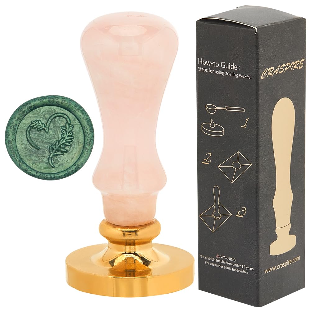 CRASPIRE Heart Love Wax Seal Stamps Wedding Natural Stone Handle 30mm Pink Crystal Removable Vintage Brass Olive Leaves Sealing Head for Valentine's Day Envelopes Invitations Craft Cards Gift Wrapping