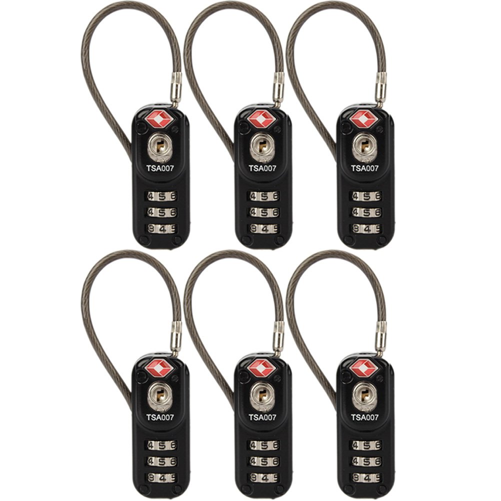 TSA Cable Luggage Locks (6 Pack Black) 3 Digit Combination Steel