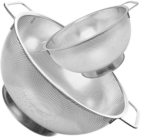 Stainless Steel Strainer Spaghetti Rice Pasta Colander | Micro Mesh 5 & 1.5 Quart Fruit and Vegetable Washing Bowls | By OMECORE (Set of 2)