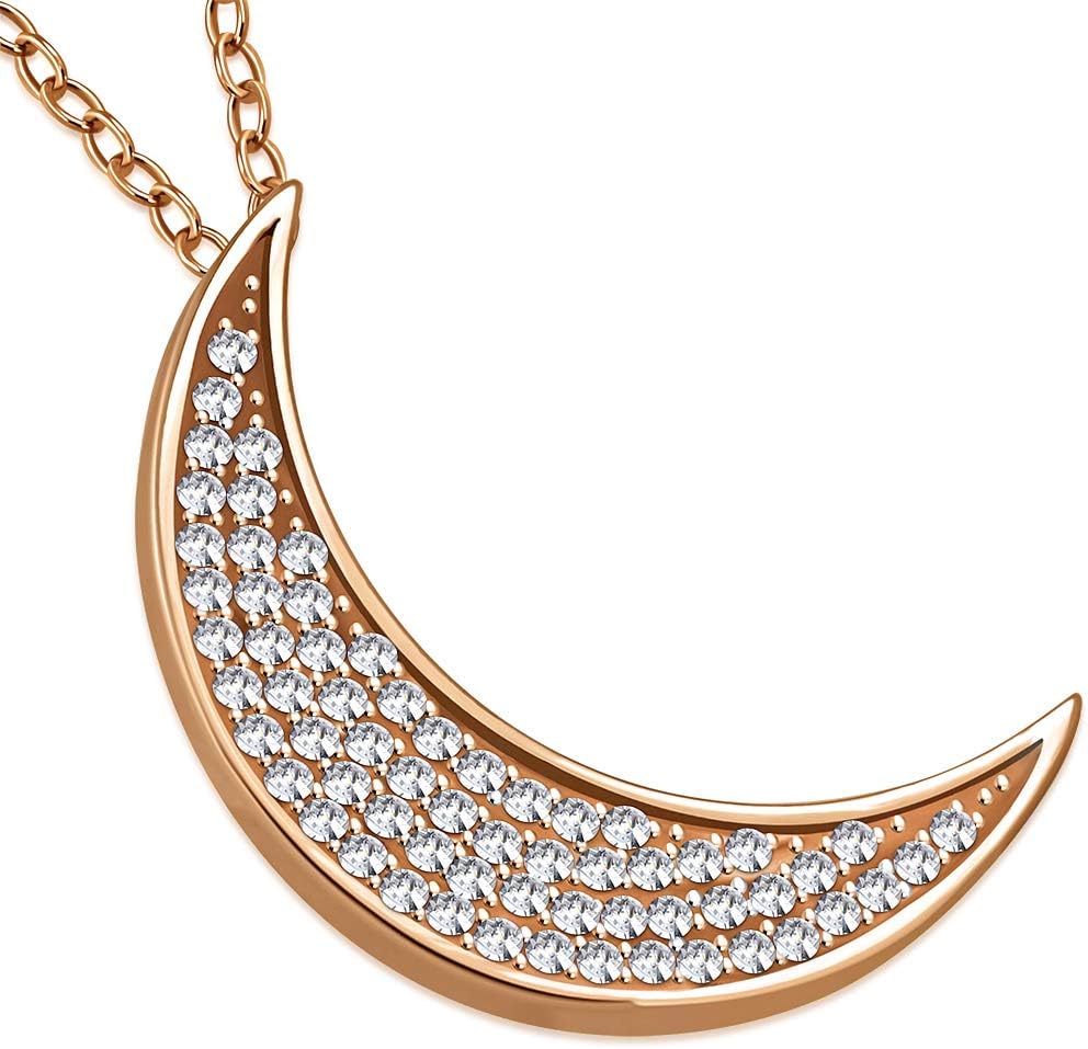 925 Sterling Silver White CZ Womens Crescent Half-Moon Pendant Necklace