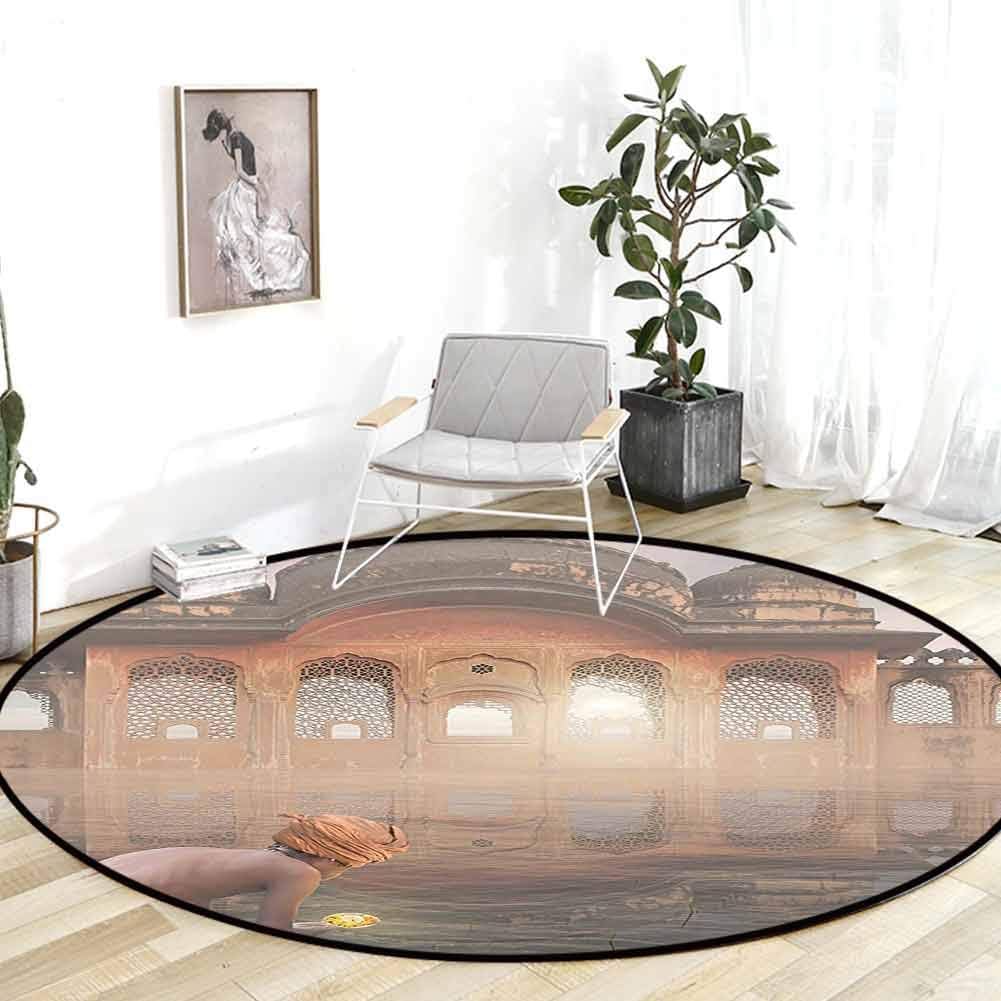 Outdoor Rug Ancient India Traditional Man Doing a Ritual Ceremony in Ganges River Sacred Image Peach Grey Stair Carpet 5'Round