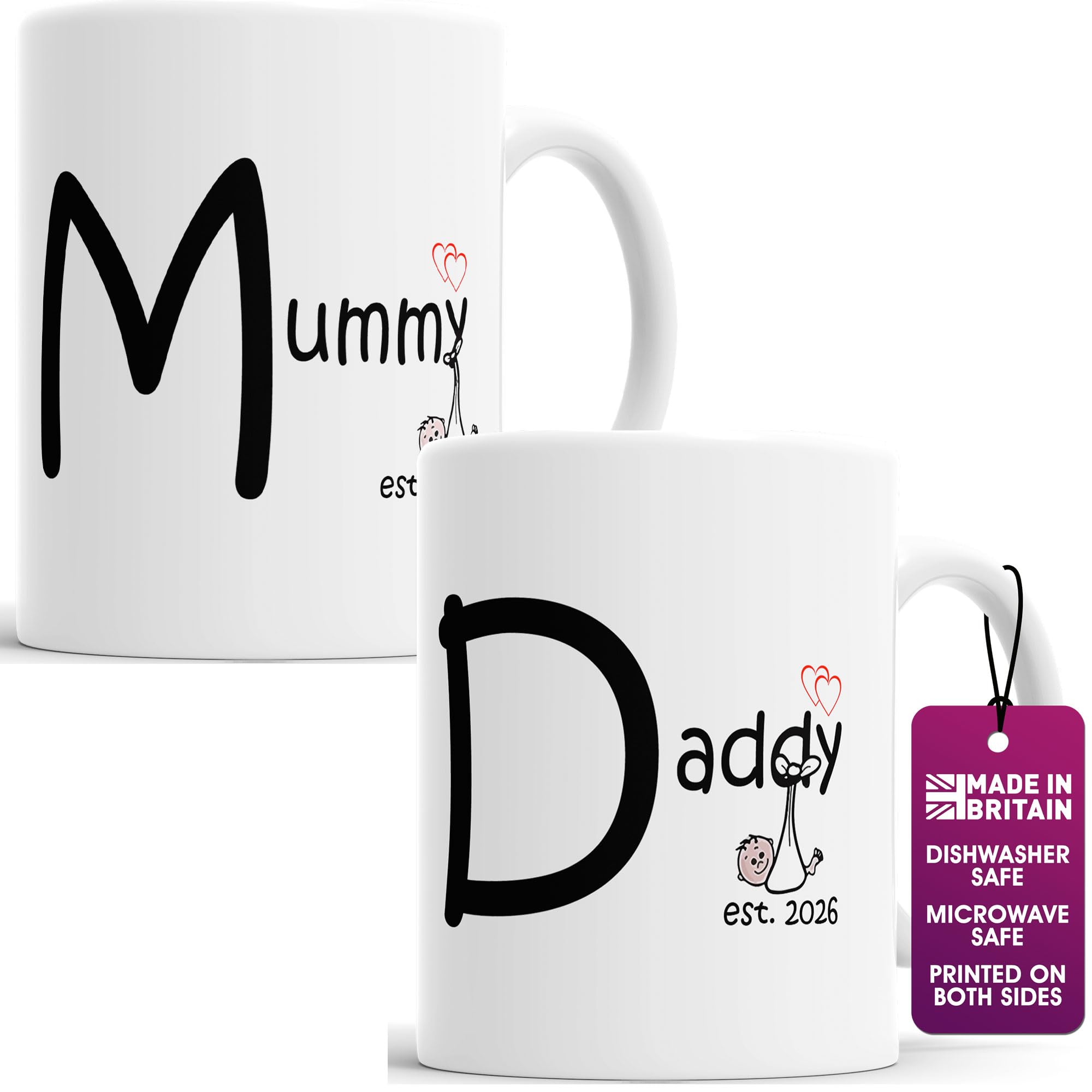 Faithful Prints Mummy and Daddy 2026 Mugs Set, Personalised for New Parents Mum and Dad, Mother, Father, White, 11 Ounce