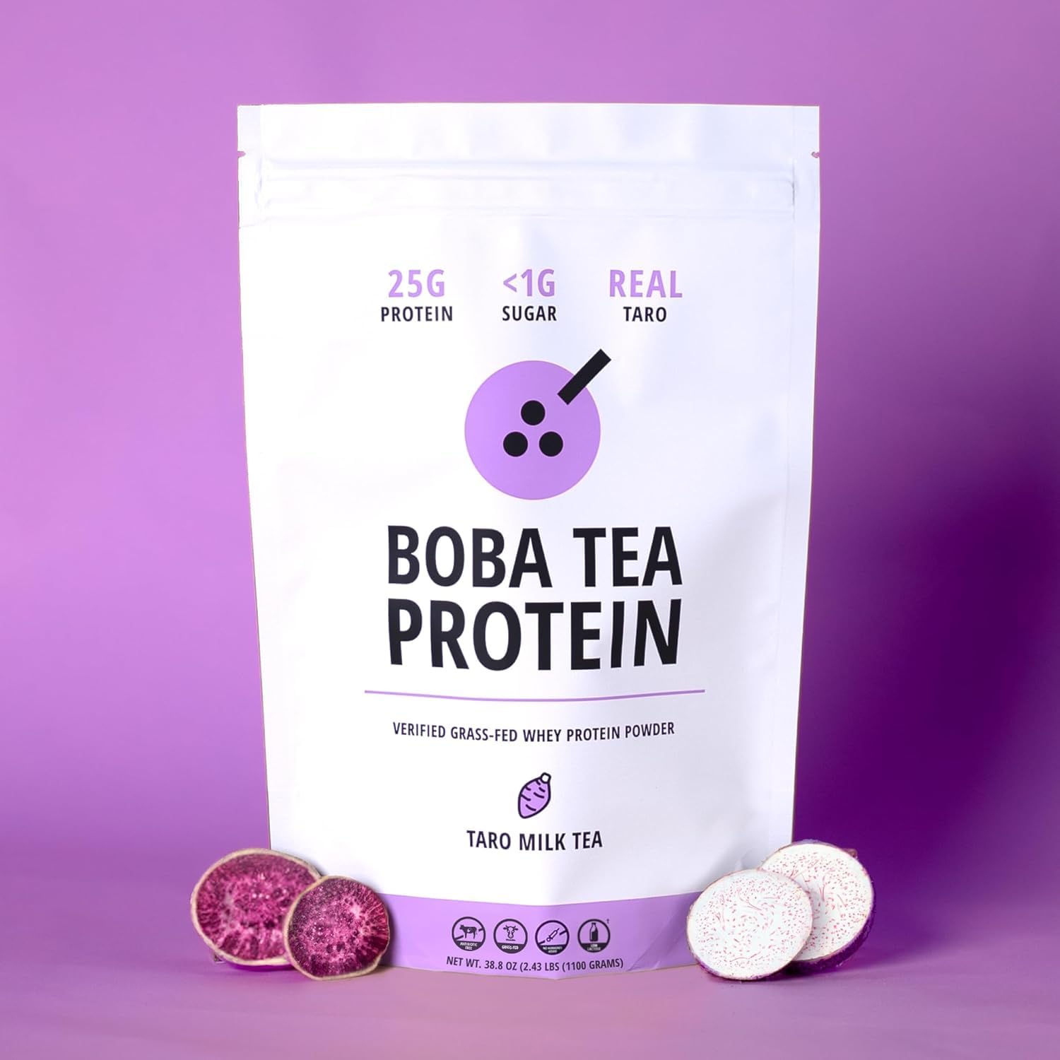 Boba Tea Protein Taro Milk | 25g Grass-Fed Whey Protein Isolate Powder | Gluten-Free & Soy-Free Bubble Tea Drink | Real Ingredients & Lactose-Free Protein Drink | 25 Servings