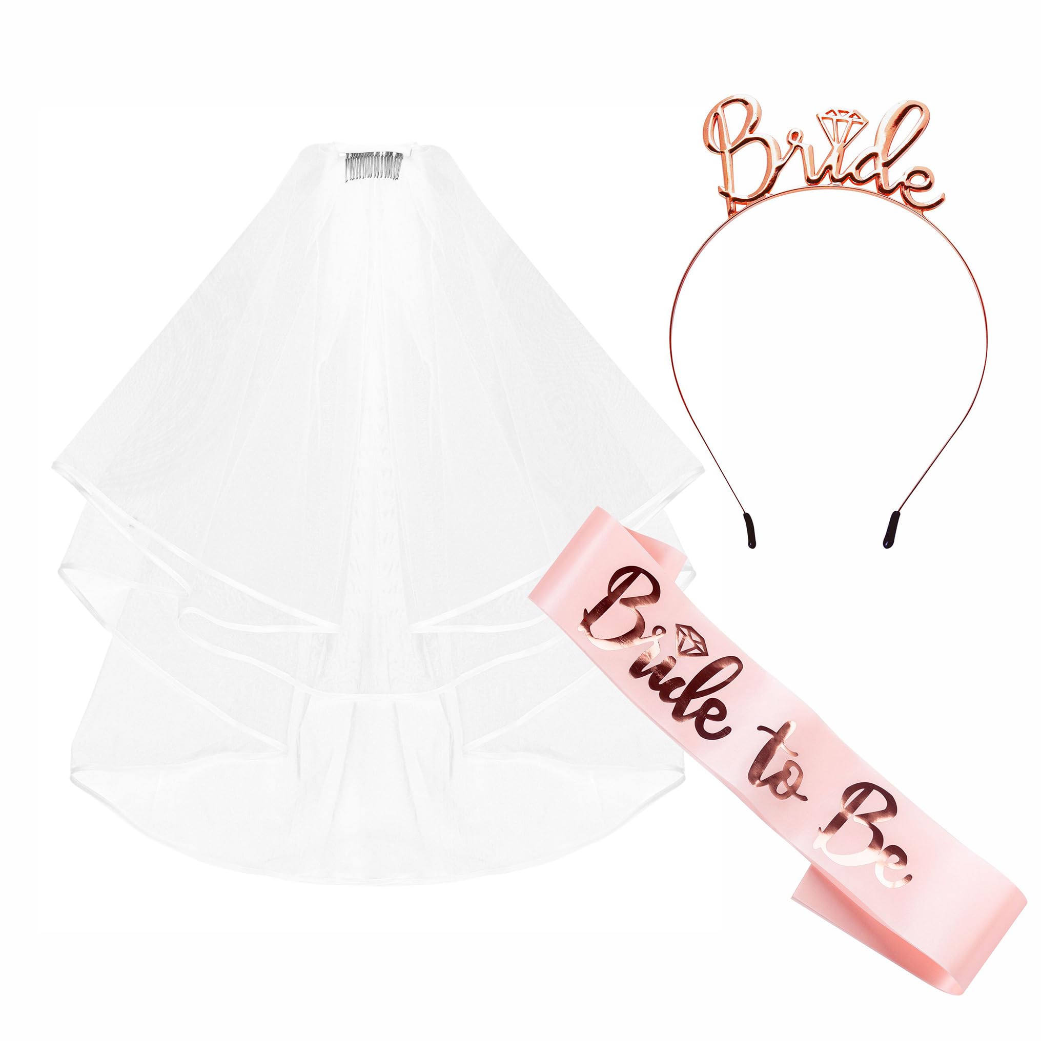 Hen Party Accessories Bride to Be Sash and Bride Tiara Veil Set, Wedding Bride Sash and Veil Tiara Headband Hen Do Accessories for Wedding Bridal Shower Hen Party Decorations Pink White