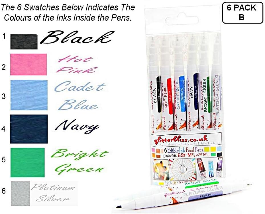 6 Pack B - in A Clear Handy Plastic Pouch - Food Colouring Pens Double Sided- 2.5mm Thick Nib & 0.5mm Fine Nib (6 Pack B)