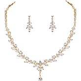 WeimanJewelry Silver/Gold Plated Women Cubic Zirconia Round CZ Marquise Teardrop Bridal Necklace and Drop Earring set for Bride Wedding (Gold)