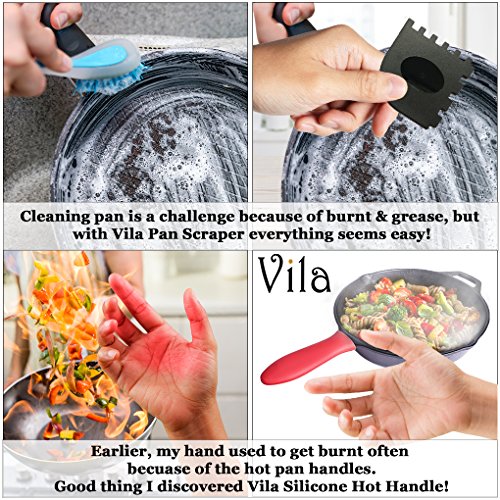 Pan Scraper --- 6-in-1 Pack Kitchen Solution - 100% Silicone Hot Handle Holders - Sticker & Gum Remover - Durable & Flexible Plastic Material - Fits Curved & Flat Corners - Multi Usage - Red & Black - Thumbnail 3