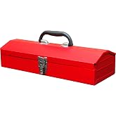 BIG RED Metal Tool Box, Hip Roof Style Portable Steel Tool Box Organizer | 16-inch with Handle &amp; Metal Latch Closure, Cantilever Toolbox for Household Factory Warehouse Repair Shop
