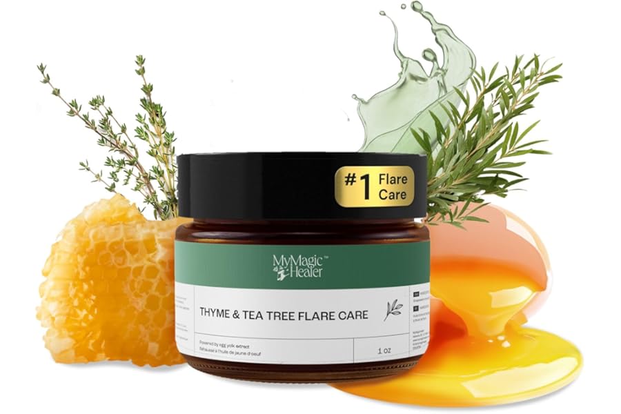 MyMagicHealer Thyme & Tea Tree Flare Care | Ingrown Hair, Razor Bumps, Blind Pimples, Bartholin, Pilonidal Cysts | Folliculitis Cure | Piercing Care w/Egg Yolk Extract & Tea Tree 1 oz
