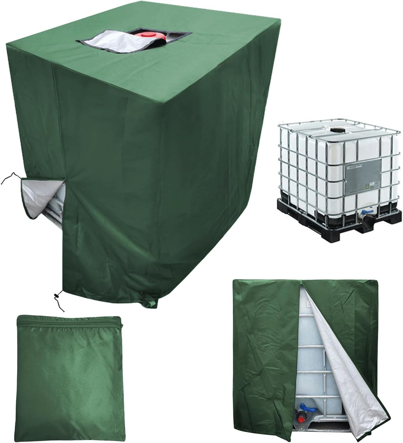 MOZMY IBC Tank Cover, 1000L, Waterproof, Polyester Cotton, Green, Zipper Closure, Water Resistant, Frost Protection, 120 x 100 x 116 cm