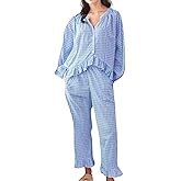 codcm Womens Gingham Pajama Set 2 Piece Long Sleeve Babydoll Shirt and Pants Matching Lounge Set Fall Outfits