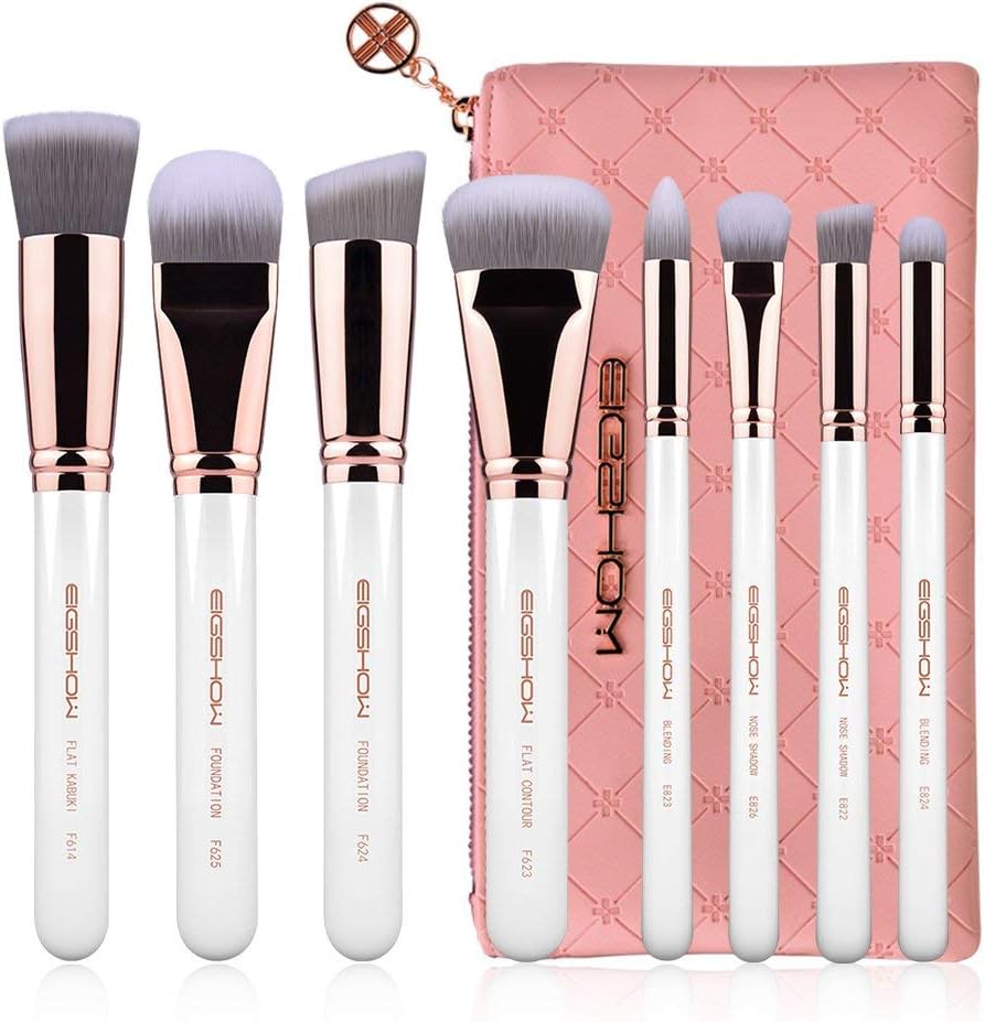 Makeup Brushes Set EIGSHOW Makeup Brushes 8pcs Pink Professional Beauty Brushes for Foundation Powder Concealer Vegan Cruelty-free Nose Eye Blush Face Cosmetic Kit with Rose Gold Pu Leather Bag