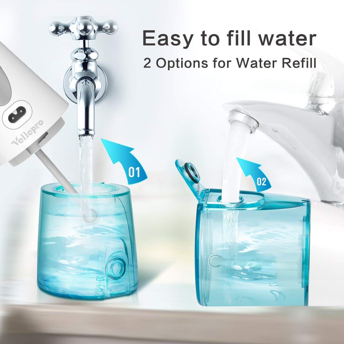 Vellepro Cordless Water Flosser Portable Dental Oral Irrigator USB Rechargeable With Professional 3 Modes & 4 Jet Tips Teeth Cleaner & Tips Box IPX7 Waterproof for Home and Travel