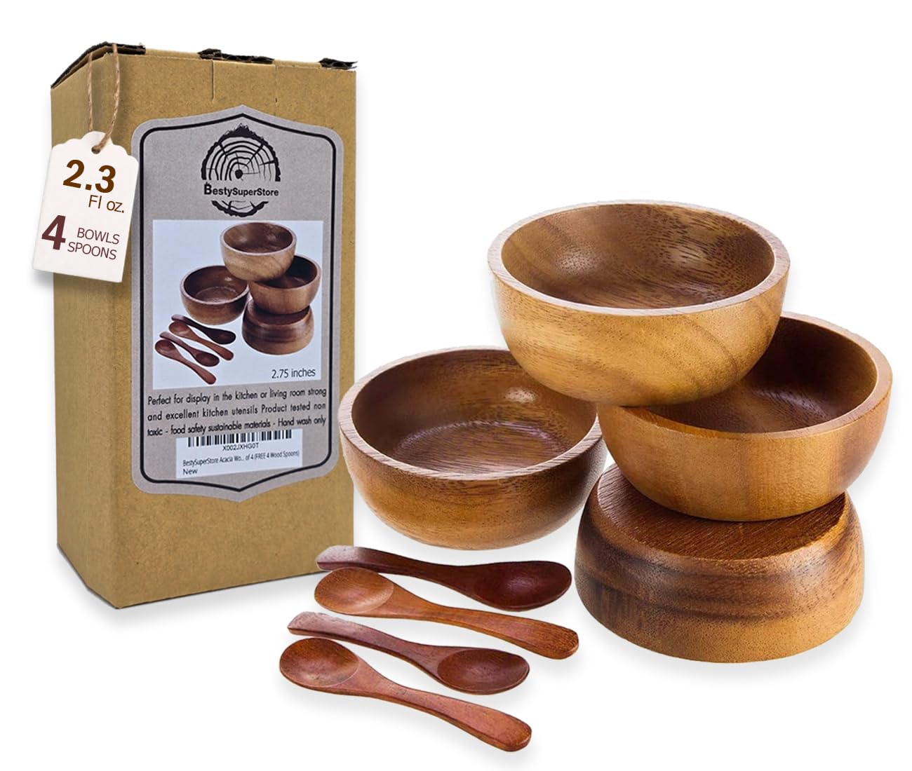 Photo 1 of **MISSING 2 SPOONS**
BestySuperStore Set of 4 Small Round Acacia Wooden Bowls 2¾ Inch Diameter 1½" High With Spoons - Stackable Mixing Bowl Salad Soup Snack Dip Sauce Charcuterie Wood Tableware Sets for Decor and Serving