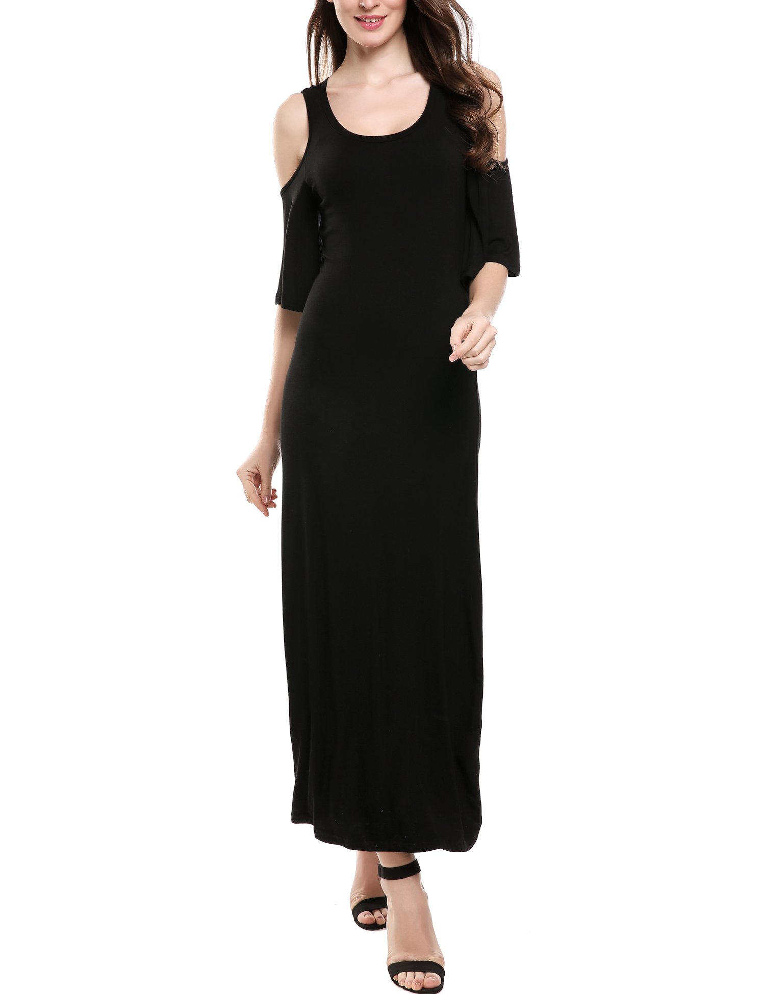 Elesol Women\'s Cold Shoulder Round Neck Ruffle Sleeve Maxi Dress Black S