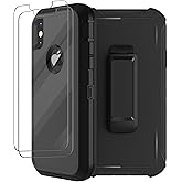 for iPhone X Case, iPhone Xs Case with Belt Clip Holster, 2X Screen Protector, Military Grade Shockproof Heavy Duty Full Body Drop-Proof Rugged Protective Cover for Apple iPhone X/Xs Black